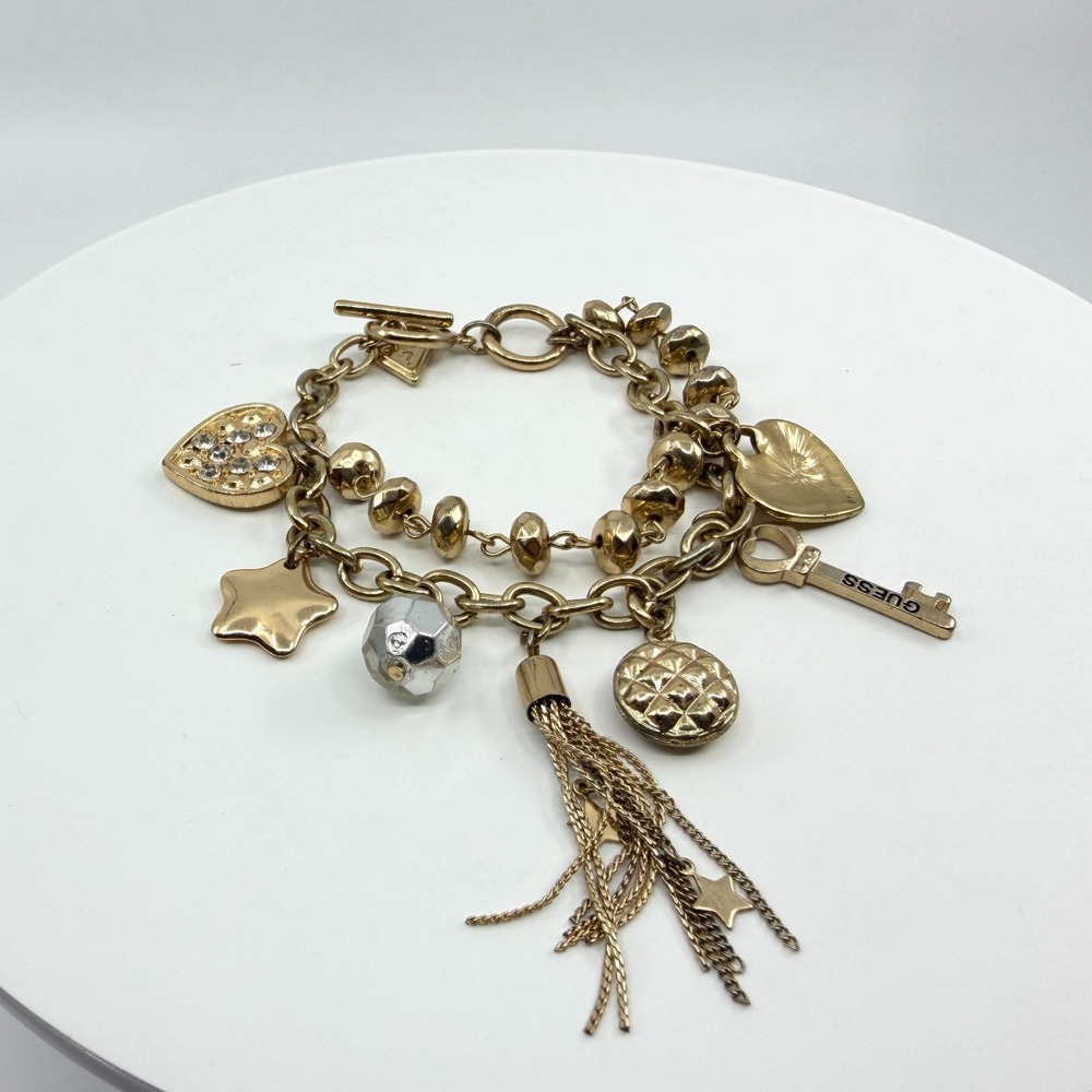 Guess Gold Tone Layered Charm Bracelet with Rhinestone Star - Boho Gift
